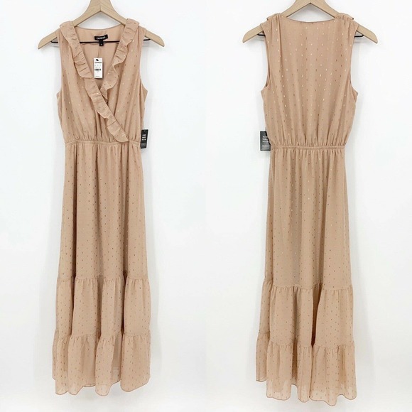 Express Ruffle Maxi Dress Size S Metallic Clip Dot V Neck Faux Wrap Sleeveless - Picture 2 of 9